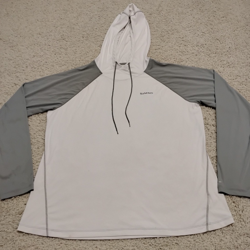 Simms Hoodie Mens XL White Solarflex Performance UPF Fishing Lightweight Logo